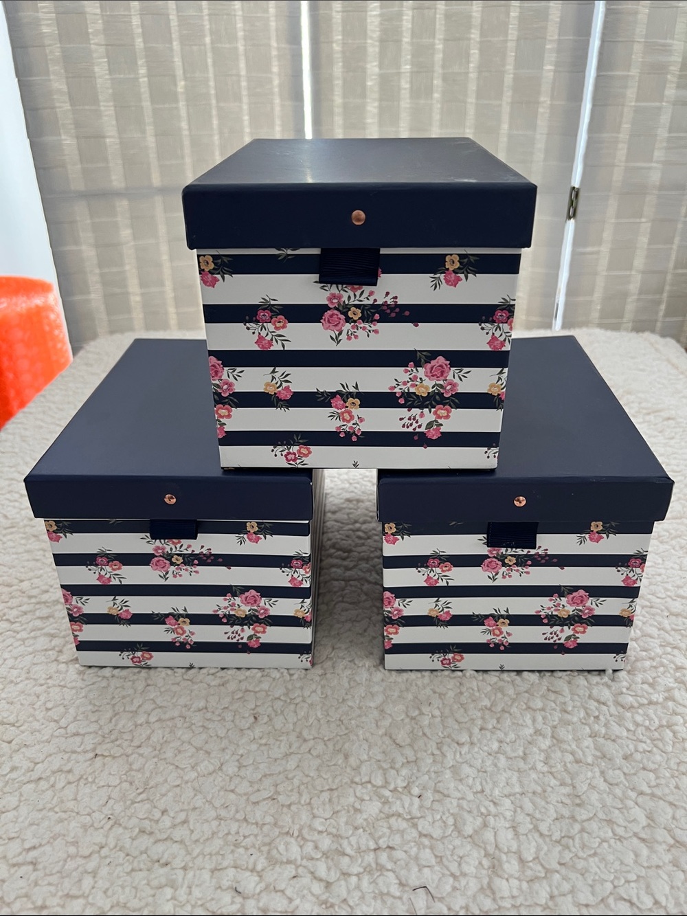 Tri-Coastal Design Navy Floral Stripe Photo Storage Boxes - Set of 3. 8.25”x6”x6